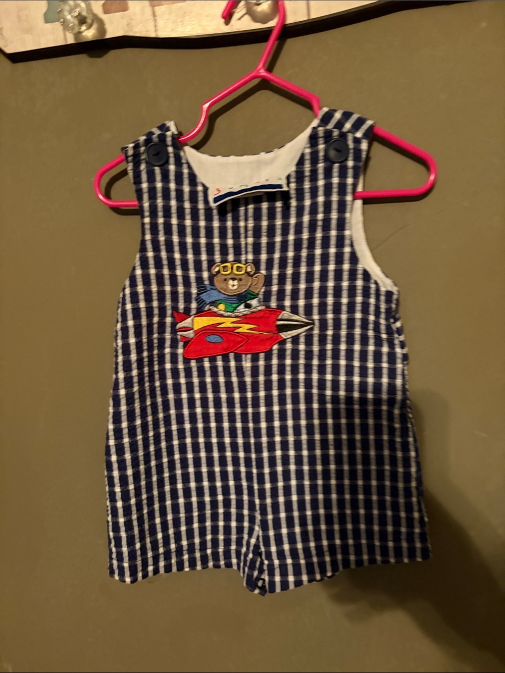 Navy Gingham Kids Romper with Red Rocket Applique vintage 6/9 m